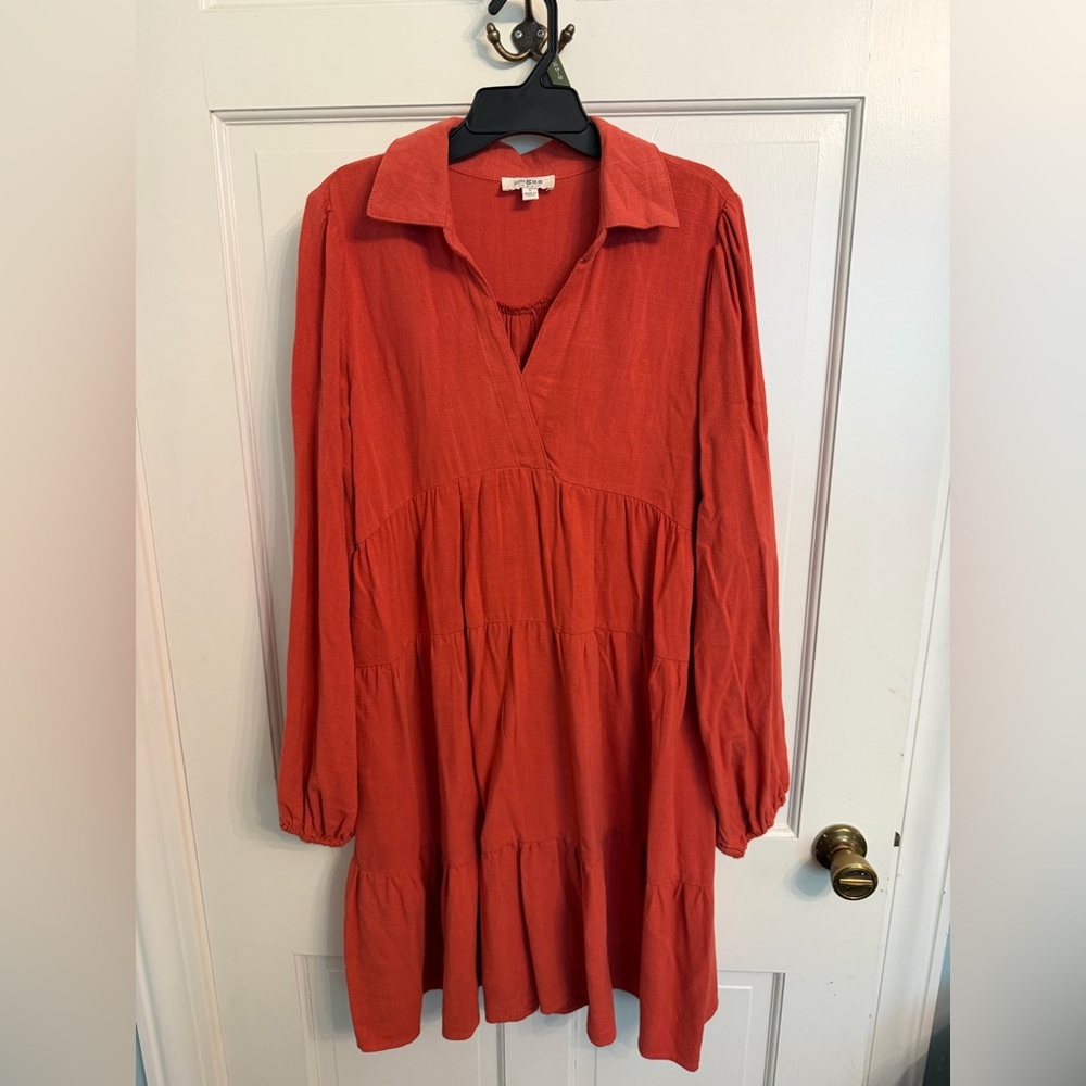 Umgee Rust Red Tiered Long Sleeve Collared Dress